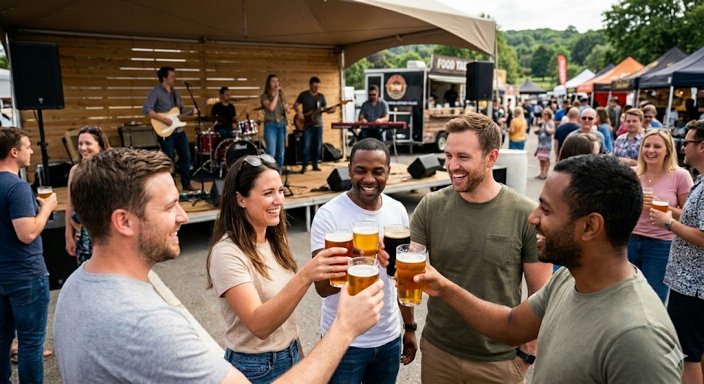 People smiling and toasting with beers