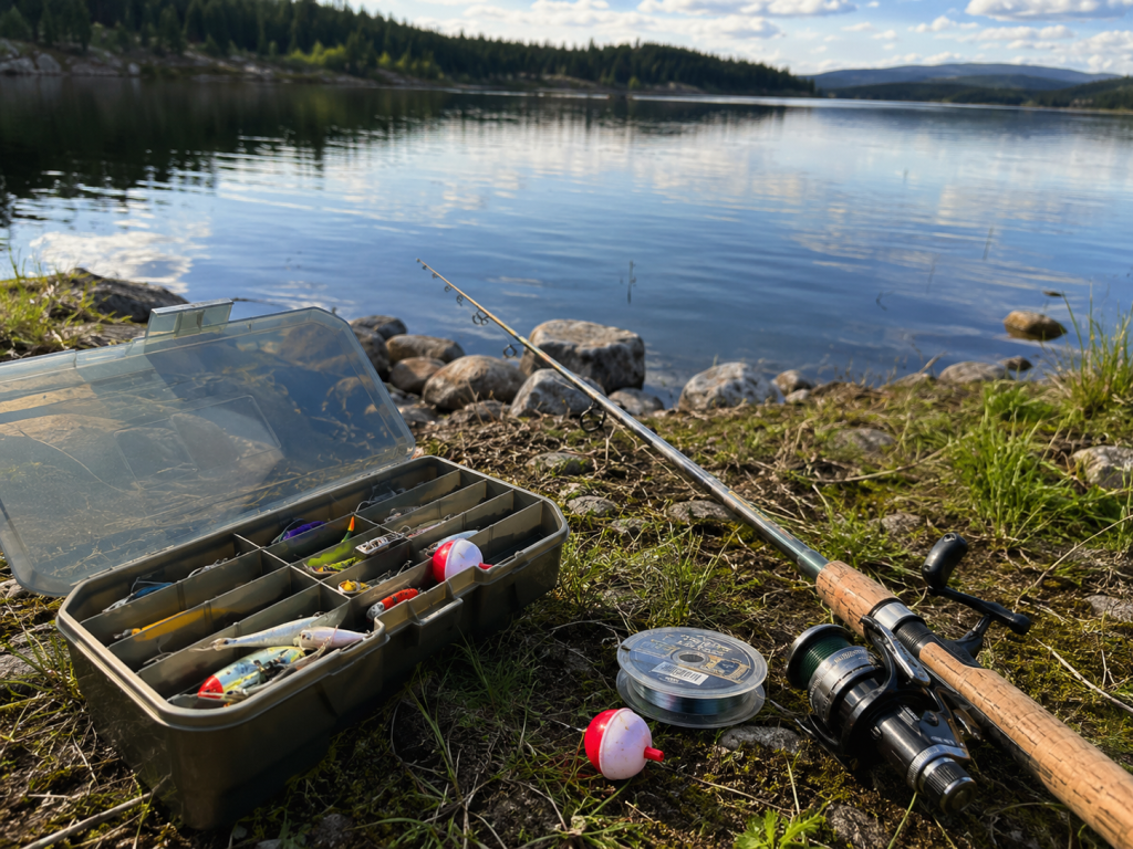 A box of fishing tackle and a fishing pole at the lake
