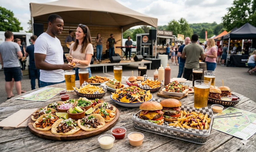 A variety of festival foods and beers with a band playing