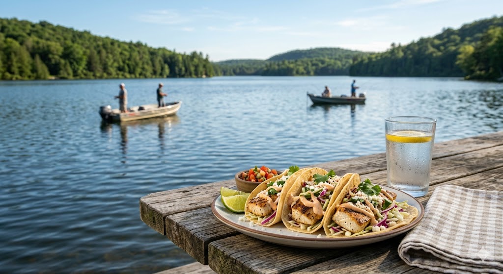 Tacos at a table by the lake with fishermen